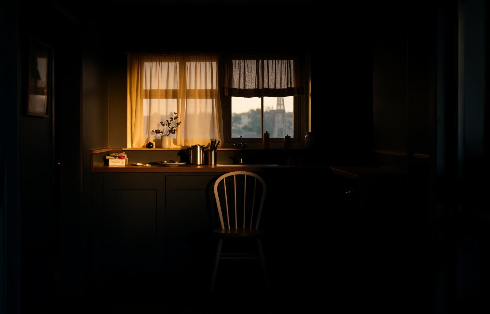 A quiet kitchen at dusk with an empty chair